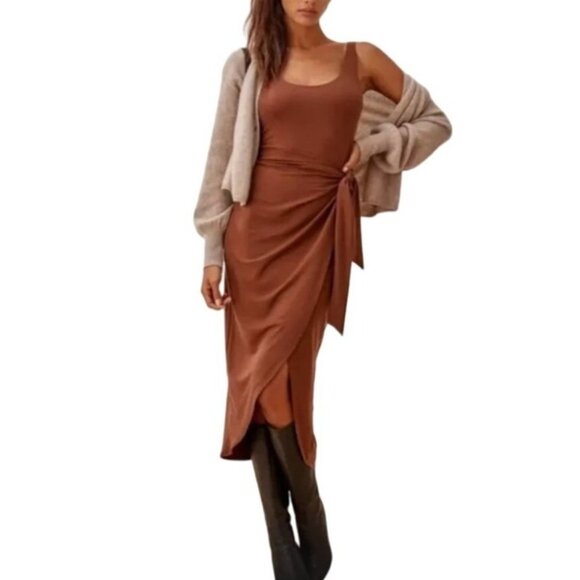 Reformation Kaila Dress in Chestnut Slim Wrap Around Midi Bodycon Dress Large - Picture 2 of 12